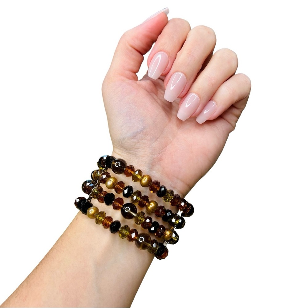 Four Stack Amber/Gold/Black/Brown Beaded Bangle Bracelet